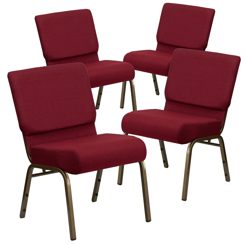 Emma + Oliver Burgundy 21" W Stacking Church Chair, 4-pack, 21.25"W x 25"D x 33"H, Burgundy Fabric/gold Vein Frame