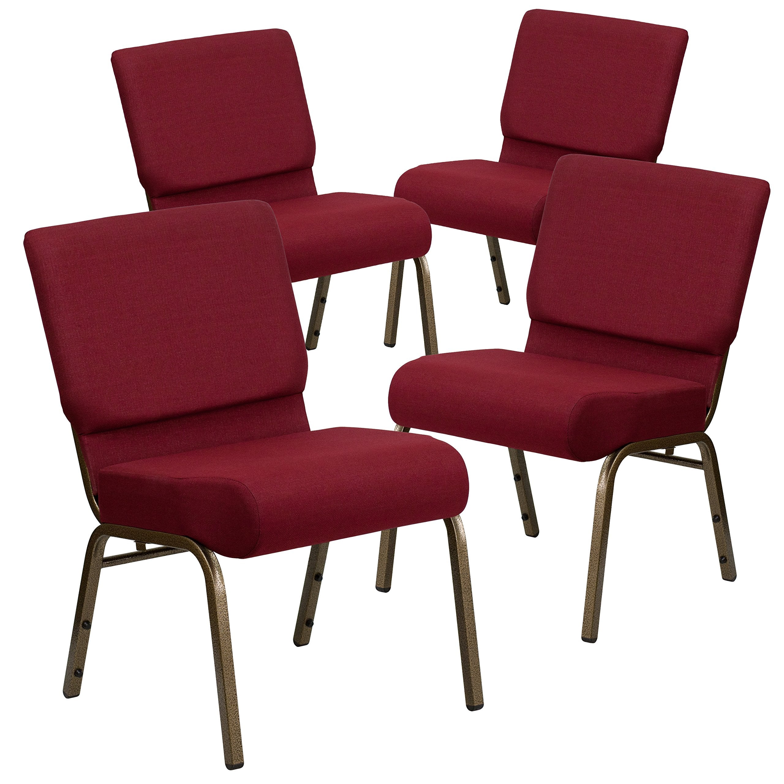 Emma + Oliver Burgundy 21" W Stacking Church Chair, 4-pack, 21.25"W x 25"D x 33"H, Burgundy Fabric/gold Vein Frame