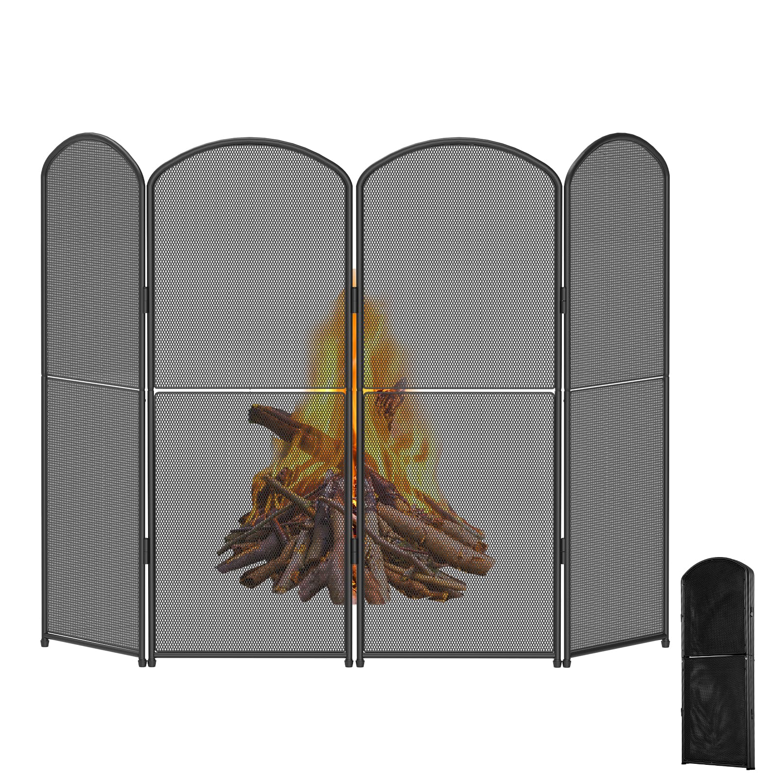 4-Panel Fireplace Screen, 47.8" W x 31" H Foldable Wrought Iron Fire Spark Guard, Decorative Metal Mesh Fireplace Cover for Living Room, Fire Cover for Baby,Pet Proof Safety Gate Black