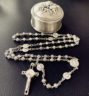 elegantmedical Handmade Silver Rose Beads St. Benedict Rosary Catholic Necklace Crucifix Cross Jerusalem