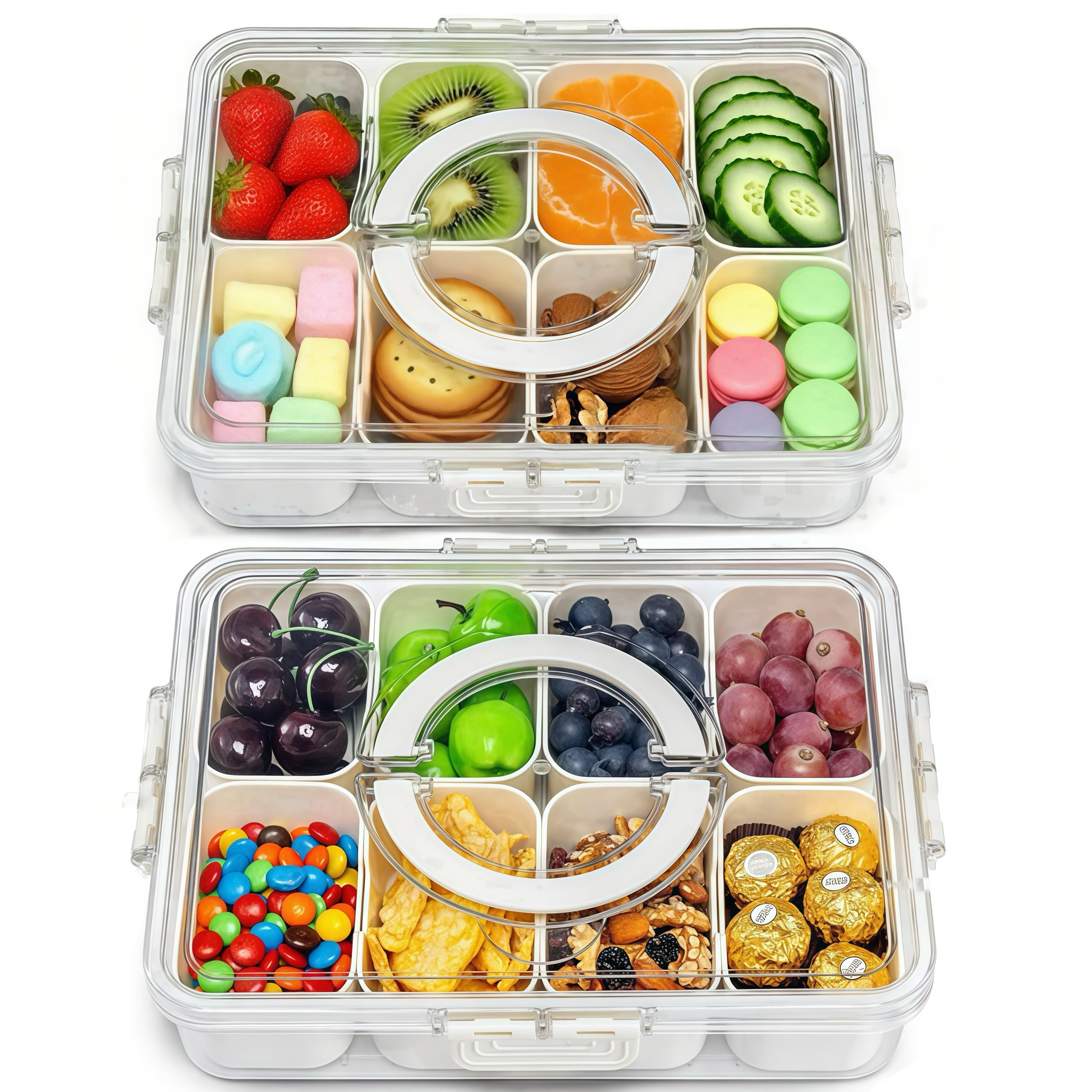 2-Pack Snackle Box Containers with Handles - Divided Serving Tray with Lids, 8 Compartments Charcuterie Box for Travel, Movie Nights & Parties (Hand Wash Only)