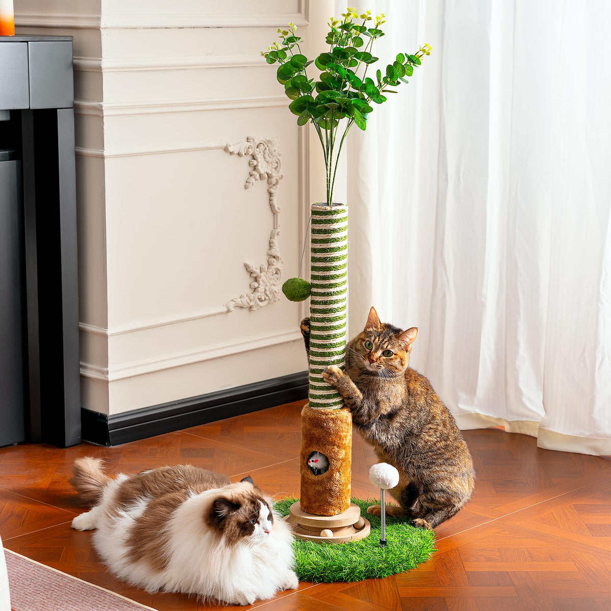 Cat Scratching Post 39'' Tall with Interactive Ball & Mouse Hole for Indoor Adult Cats, Sisal Rope Cat Tree Tower, Kitty Scratcher Furniture with Artificial Grass Tree for Kittens Cat Toys