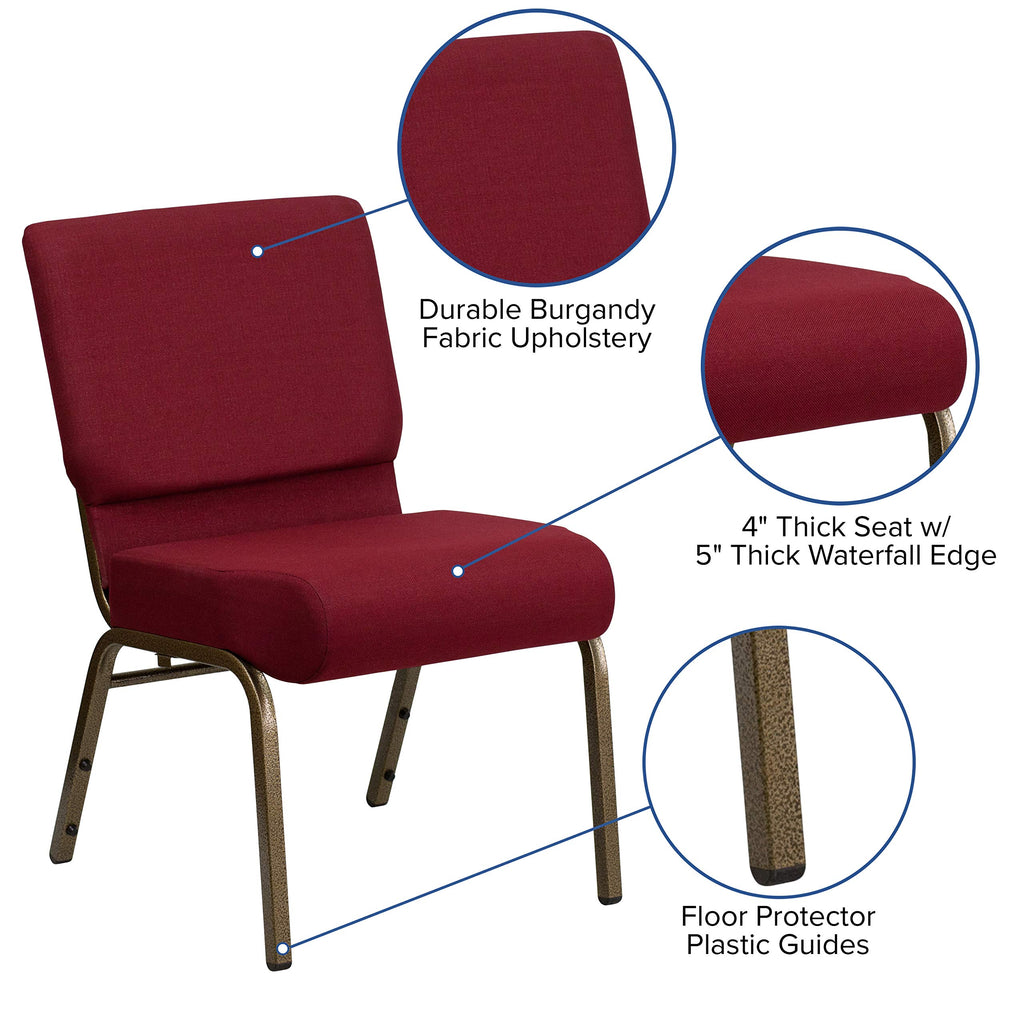 Emma + Oliver Burgundy 21" W Stacking Church Chair, 4-pack, 21.25"W x 25"D x 33"H, Burgundy Fabric/gold Vein Frame