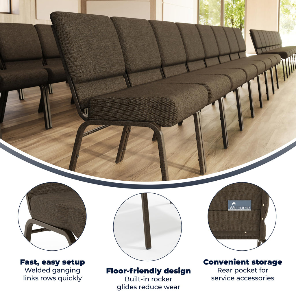Flash Furniture Hercules Series 21''w Stacking Church Chair in Brown Fabric - Gold Vein Frame, Set of 1, Brown Fabric/gold Vein Frame