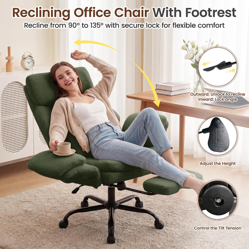 Fivewillowise Big and Tall Executive Office Chair with Foot Rest,reclining, 32"W*28"D*48"H, Teddy Green
