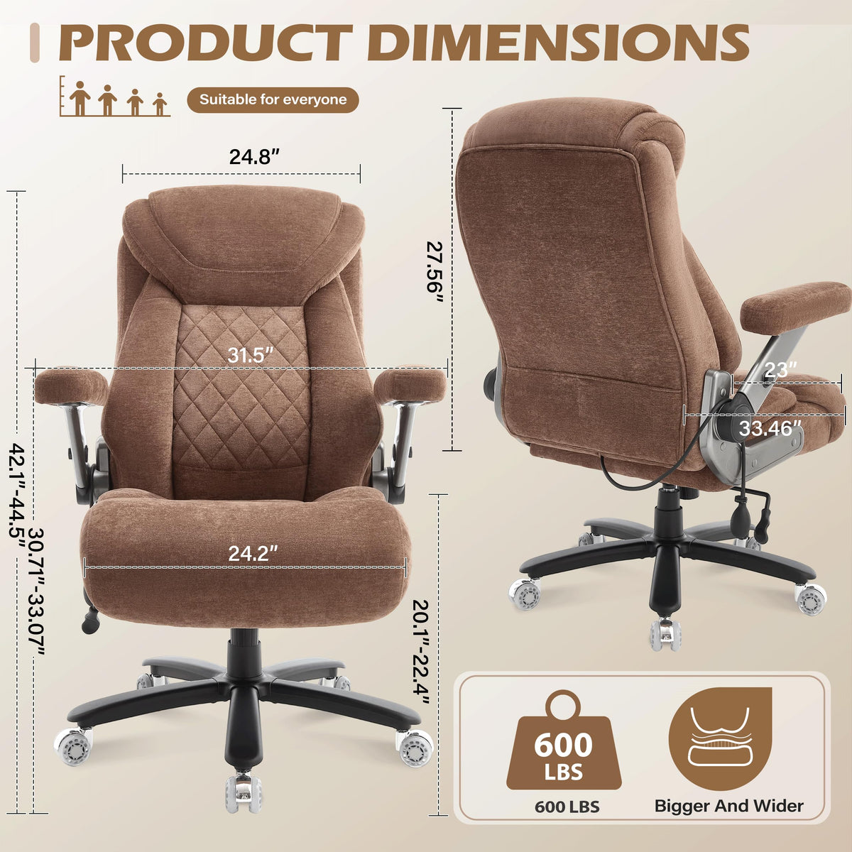 600lbs Large Big and Tall Office Chair, Heavy Duty Wide Ergonomic Gaming Office Chair with 5d Flip Arms, Comfy Fabric Executive Office Desk