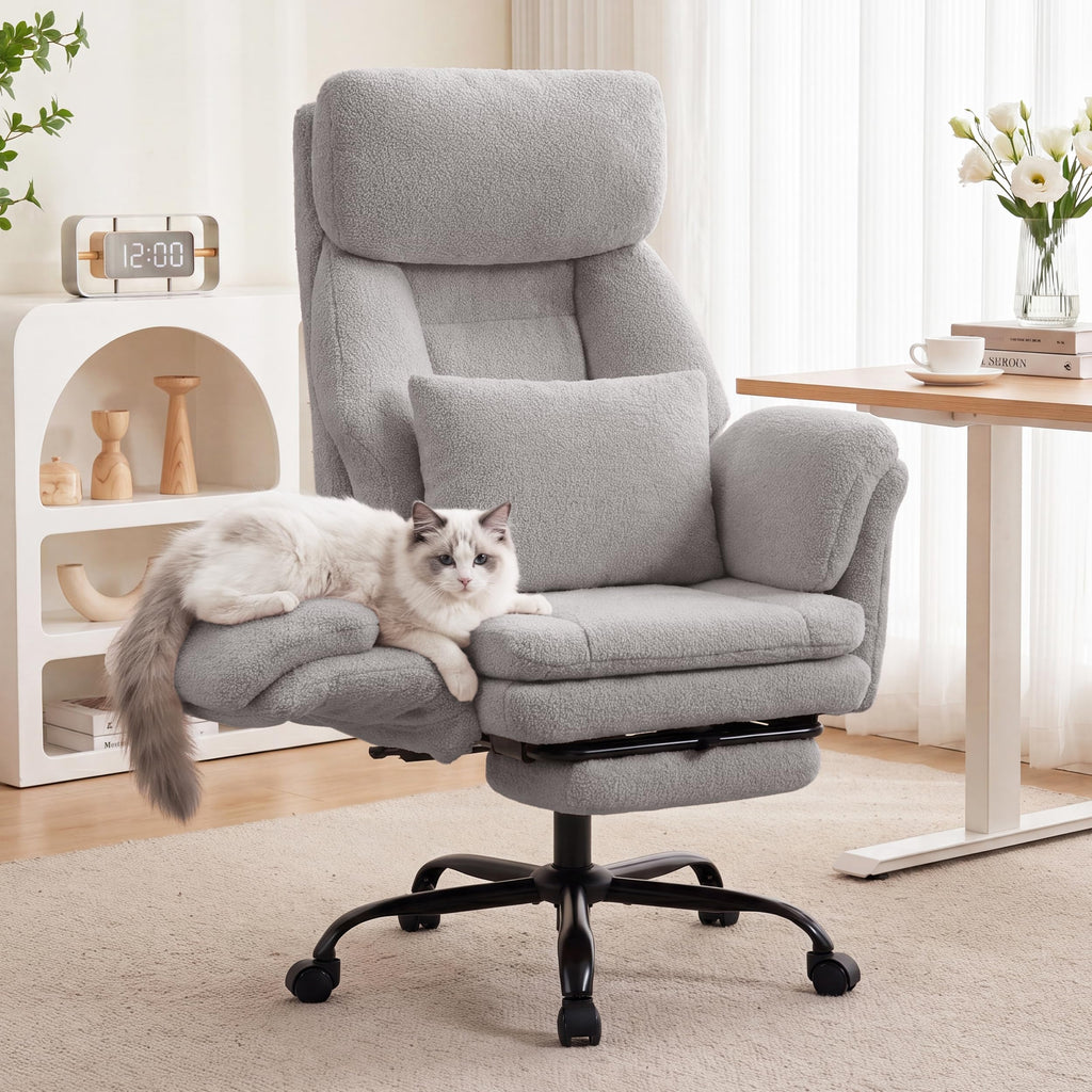 Fivewillowise Big and Tall Executive Office Chair with Foot Rest,reclining, 32"W*28"D*48"H, Teddy Light Grey