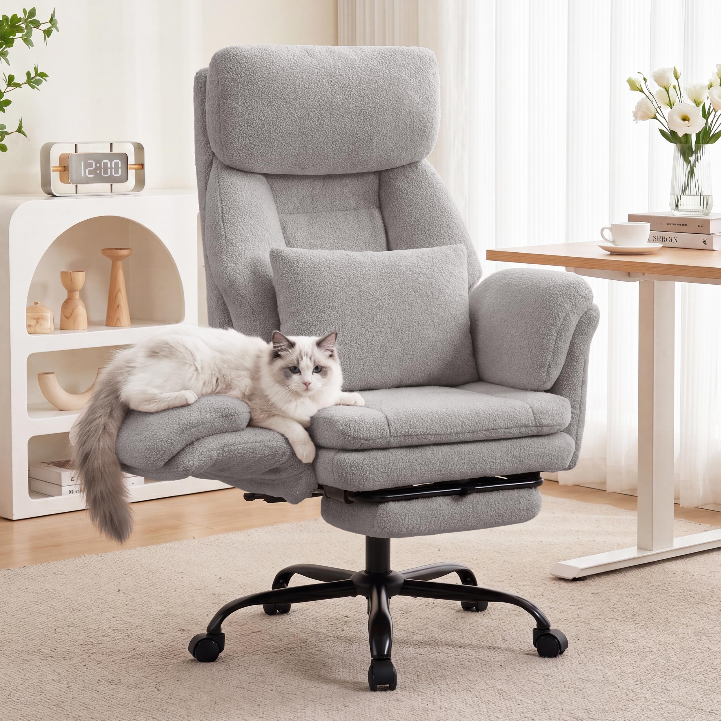 Fivewillowise Big and Tall Executive Office Chair with Foot Rest,reclining, 32"W*28"D*48"H, Teddy Light Grey