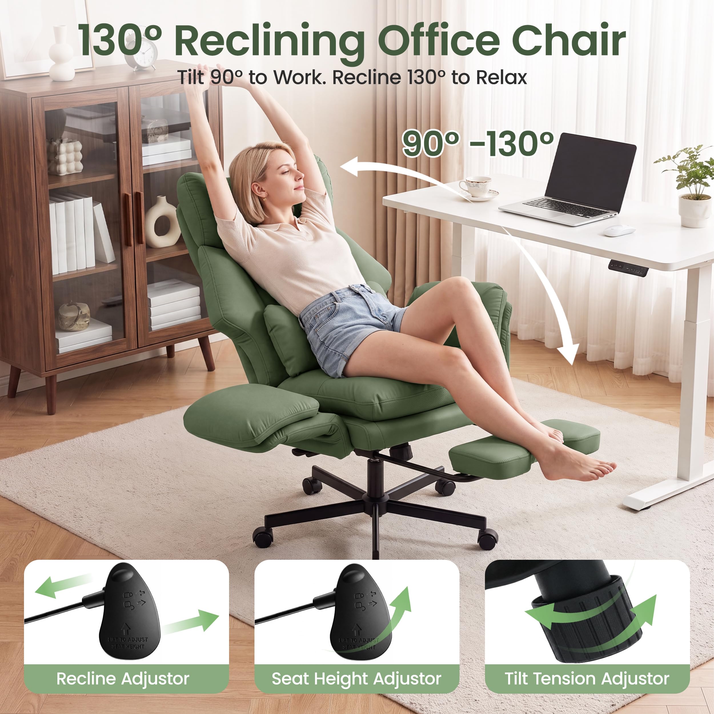 Criss Cross Chair with Footrest, Big and Tall Office Chair with Flip Arms, Pu Leather Green