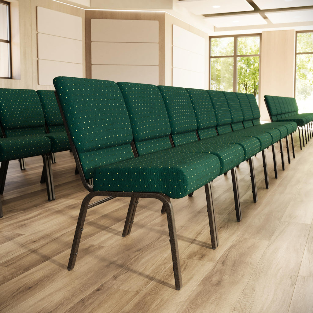 Flash Furniture Hercules Series 21''w Stacking Church Chair in Hunter Green Dot Patterned Fabric - Gold Vein Frame, Set of 1, Hunter Green Dot