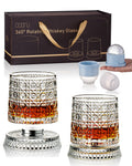 CEEFU Old Fashioned Whiskey Glasses with 360° Rotating Base, Set of 2 (2 Crystal Glasses Set, 2 Big Ice Ball Molds) In Gift Box - Bourbon, Cocktail, Rocks, Bday Gifts Ideas for Men, Gem Pattern