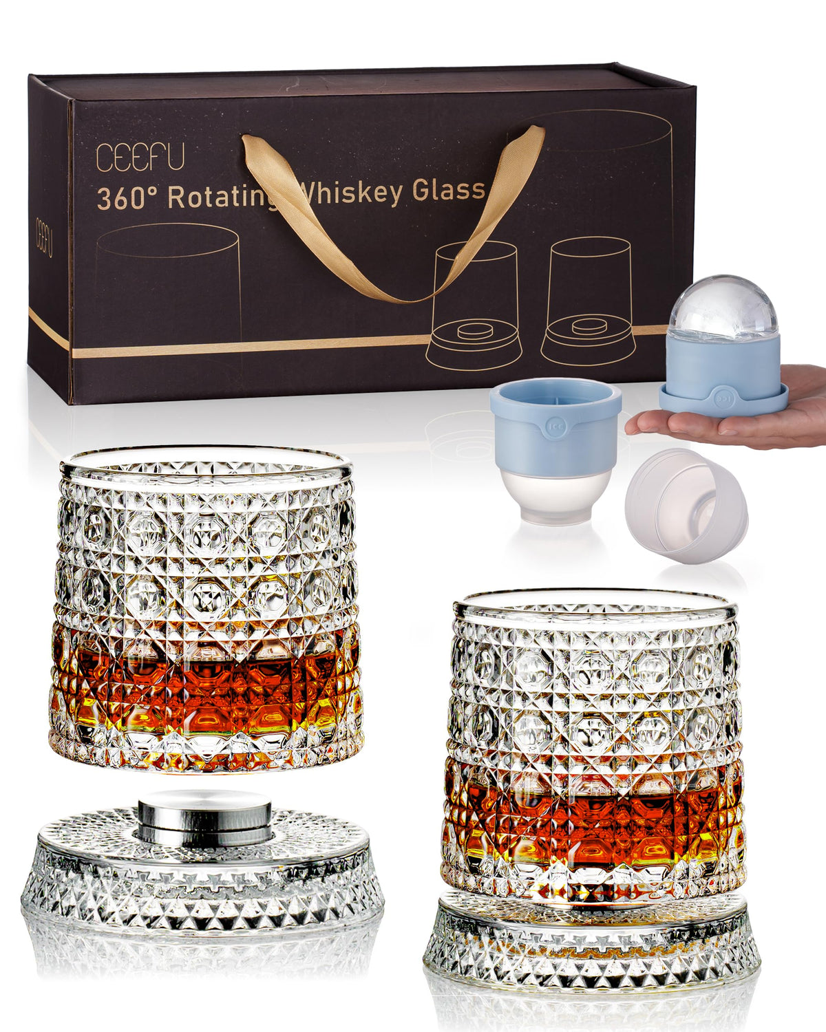 CEEFU Old Fashioned Whiskey Glasses with 360° Rotating Base, Set of 2 (2 Crystal Glasses Set, 2 Big Ice Ball Molds) In Gift Box - Bourbon, Cocktail, Rocks, Bday Gifts Ideas for Men, Gem Pattern