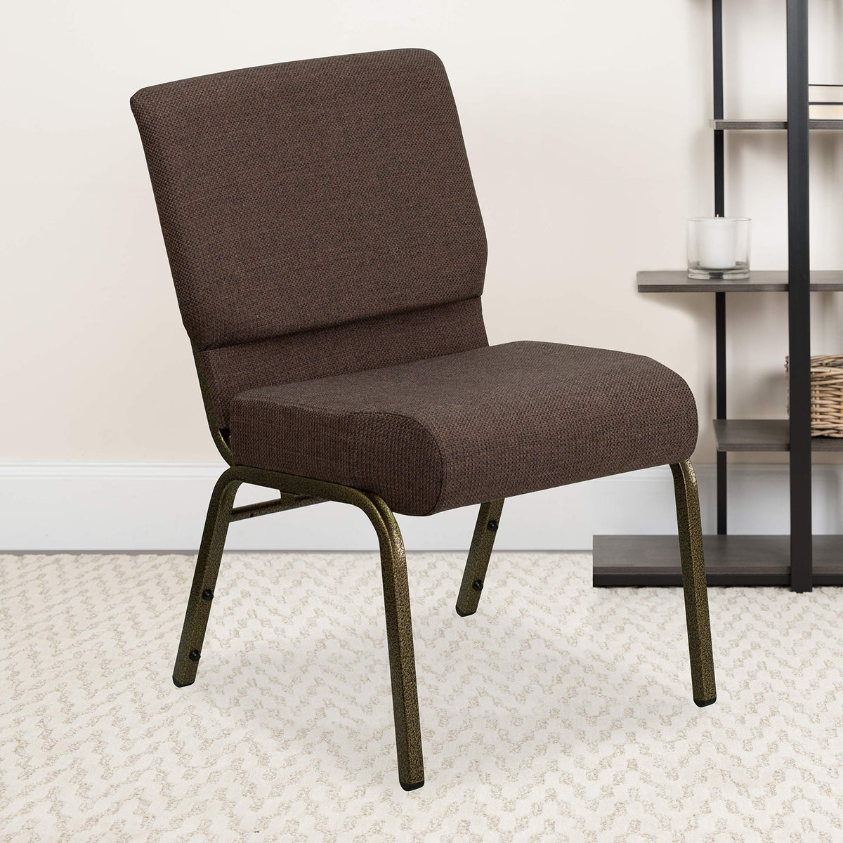 Emma + Oliver Brown 21" W Stacking Church Chair, 4-pack, 21.25"W x 25"D x 33"H, Brown Fabric/gold Vein Frame