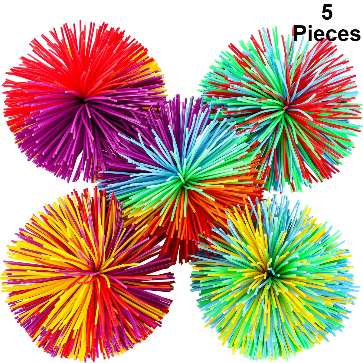 Leinuosen 5 Pieces Stringy Balls - Sensory Fidget Stress Balls, Soft Rainbow Pom Bouncy, Stuffers Party Favors Birthday Gifts Multicolor (2.75 Inch)