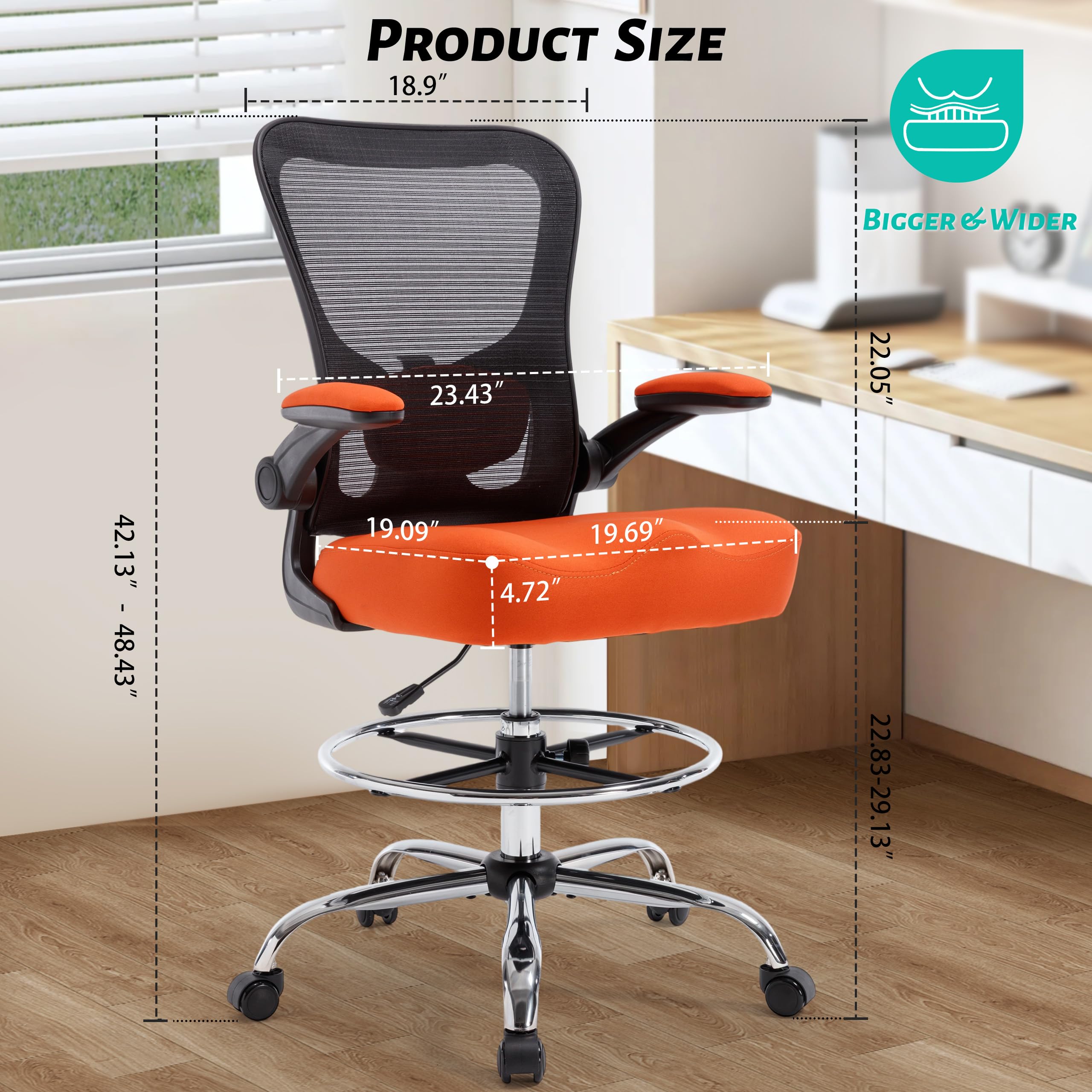 500lbs Ergonomic Drafting Chair Tall Office Chair for Counter Height or Standing Desk, Executive High Office Chairs with W-shaped Thick Seat