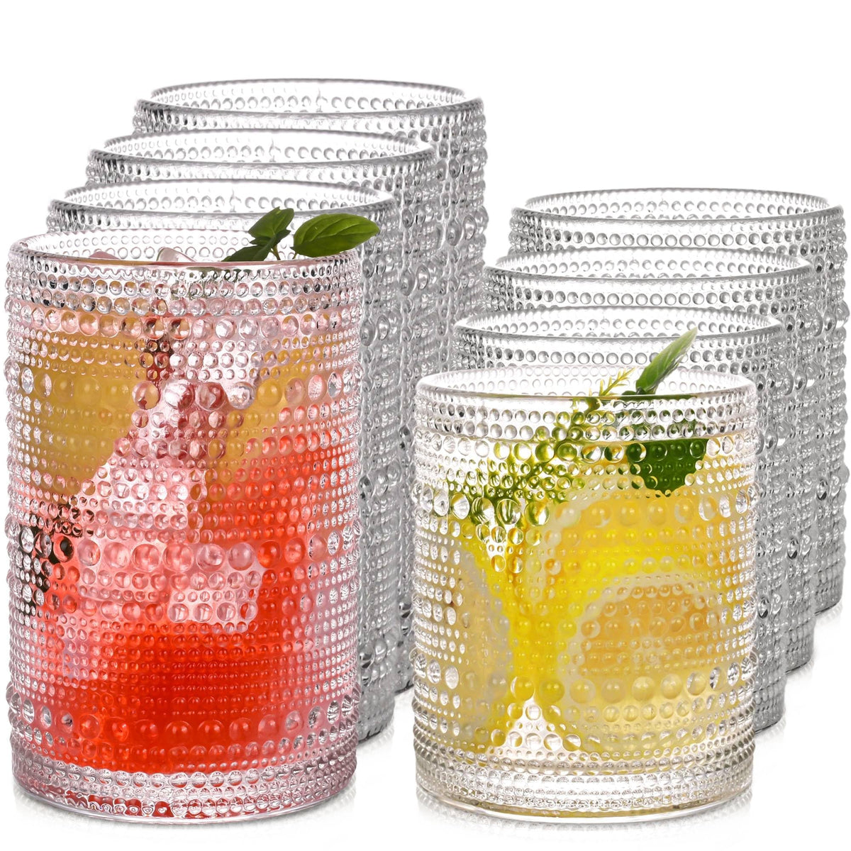 Vintage Hobnail Drinking Glasses Set of 8, 15 oz Highball Glasses & 12 oz Cocktail Glasses, Drinkware Kitchen Glasses for Cocktail, Iced Coffee, Beer, Ice Tea, Wine, Whiskey, Water