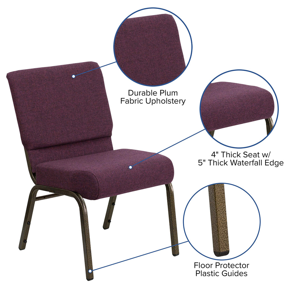 Emma + Oliver Plum 21" W Stacking Church Chair, 4-pack, 21.25"W x 25"D x 33"H, Plum Fabric/gold Vein Frame