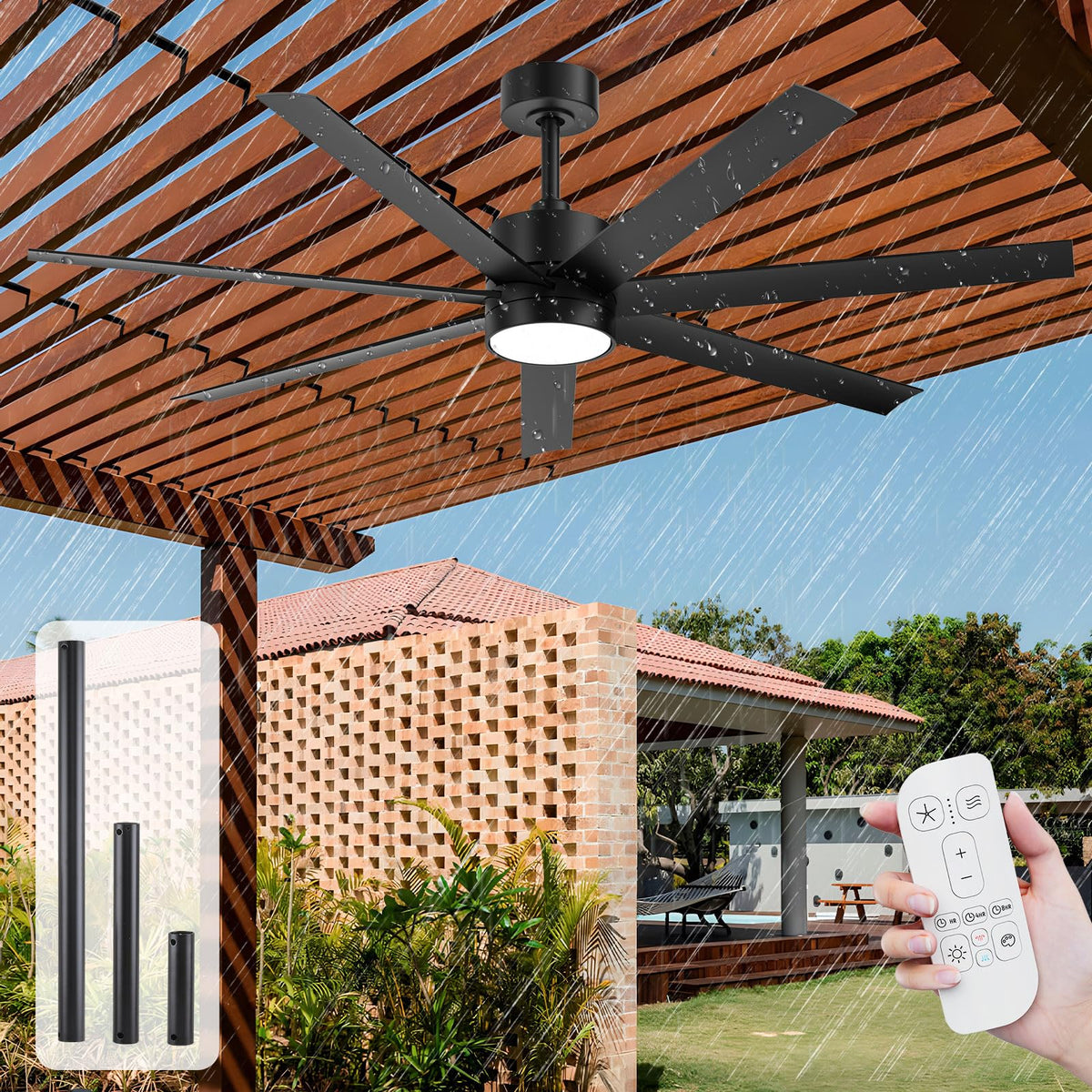 All Weather Wet-Rated Outdoor Ceiling Fan with Lights Waterproof for Patio, 56 Inch High CFM Black Outdoor Fan with UV Coating 7 Blades for Large Exterior indoor Gazebo Terraces, Porch, Commercial