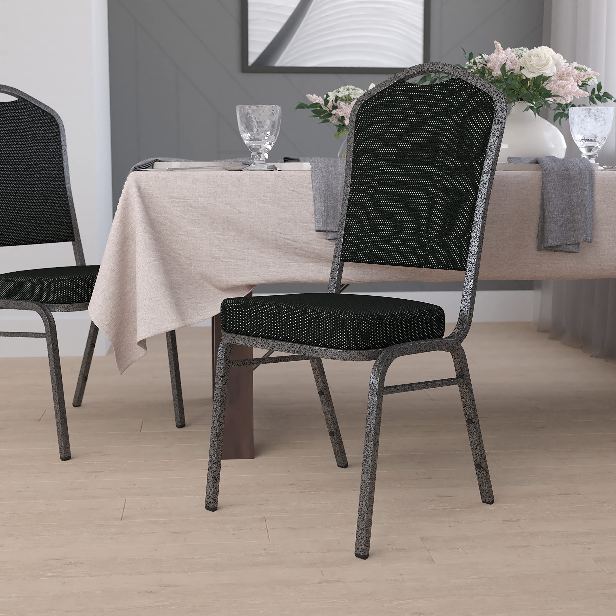 Flash Furniture Hercules Fabric Crown Back Stackable Banquet Chair, Silver, Set of 1, Black Dot Patterned Fabric/silver Vein Frame