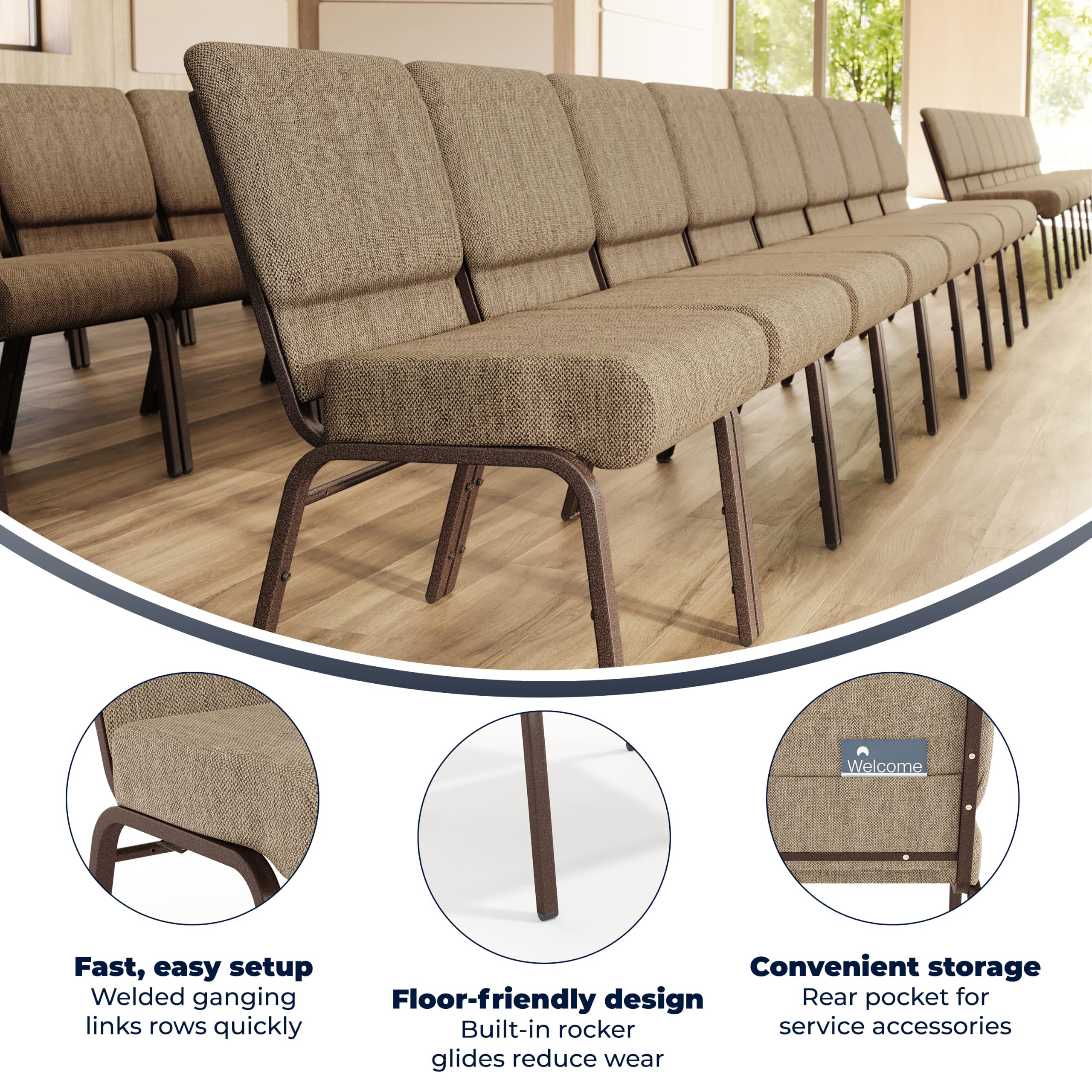 Flash Furniture Hercules 21 in Wide Fabric Church Chair, Beige, 4-pack, Set of 4, Beige Fabric/copper Vein Frame