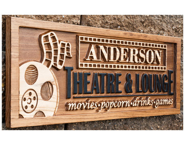 Wood Carved Personalized Home Theater Film Family Name Sign
