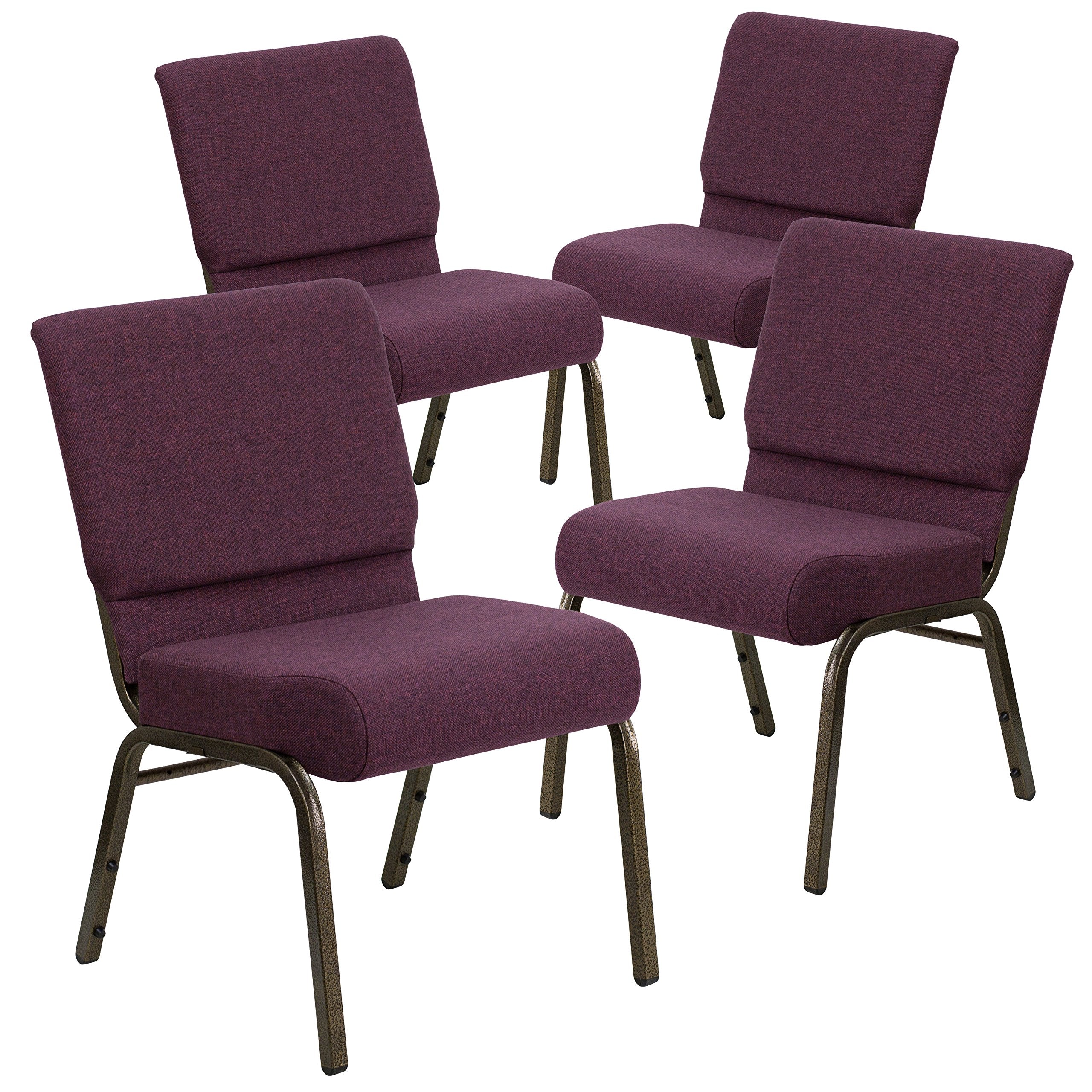 Emma + Oliver Plum 21" W Stacking Church Chair, 4-pack, 21.25"W x 25"D x 33"H, Plum Fabric/gold Vein Frame