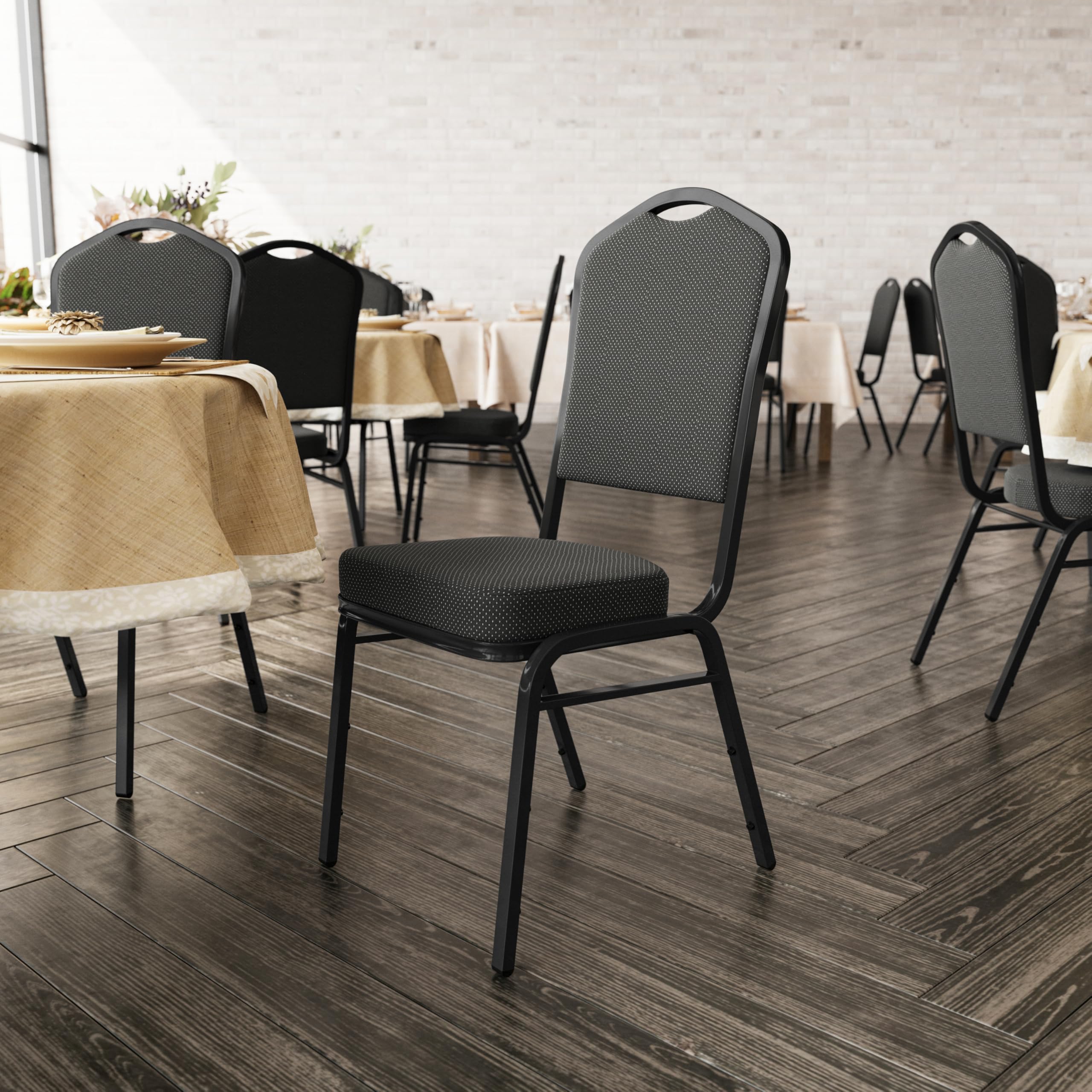 Flash Furniture Hercules Crown Back Stackable Banquet Chair, Black, 4-pack, Set of 4, Black Dot Patterned Fabric/black Frame