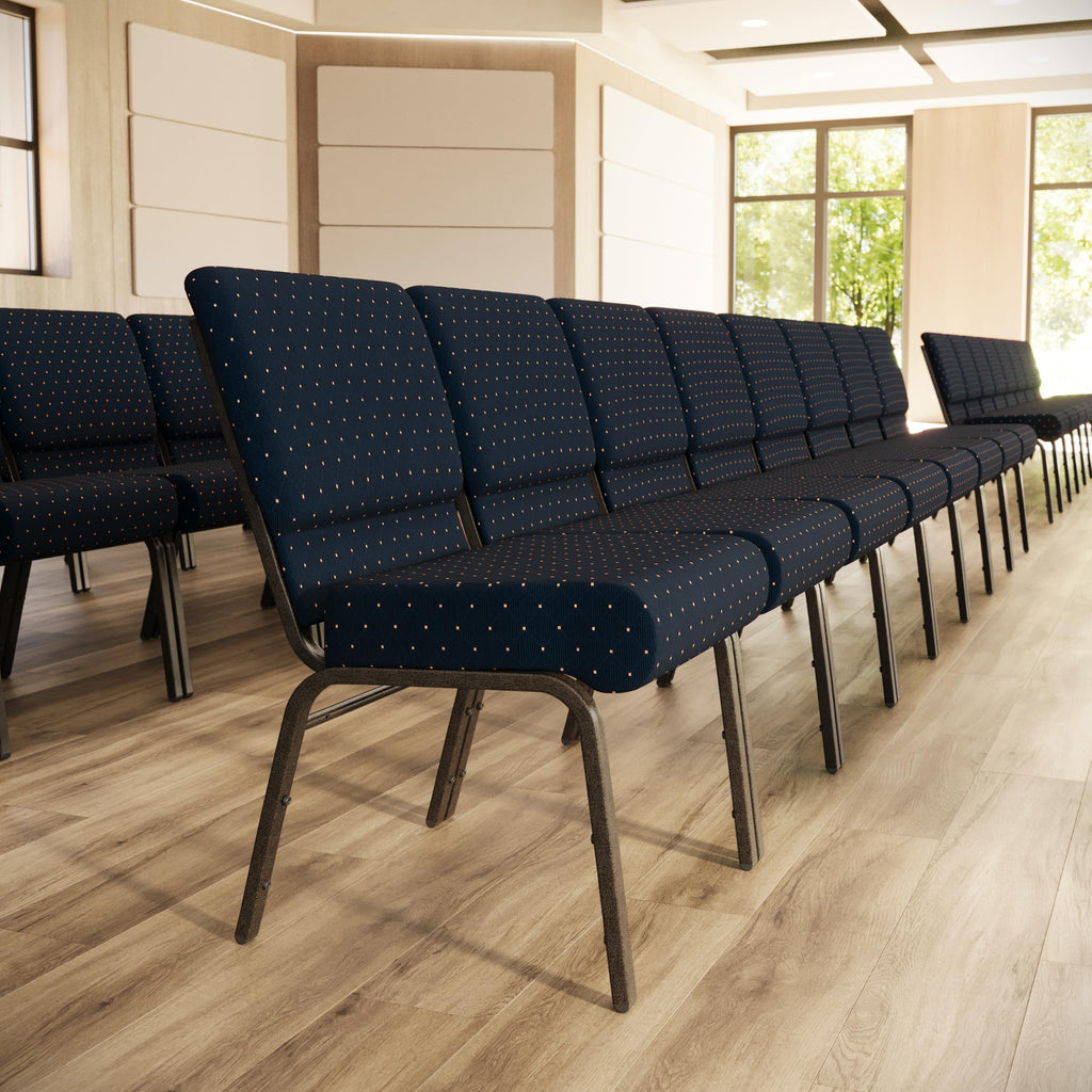 Flash Furniture 4 Pack Hercules Series 21''w Stacking Church Chair in Navy Blue Dot Patterned Fabric - Gold Vein Frame, Set of 4, Navy Blue Dot