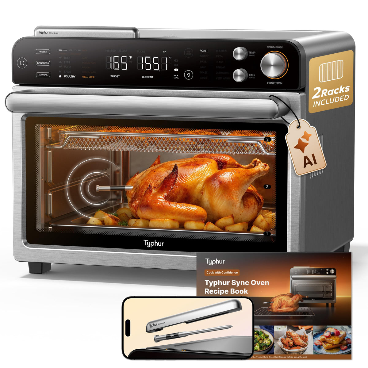 Typhur Sync Oven with Smart Wireless Meat Thermometer Probe, 12?in?1 Countertop Airfryer Toaster Oven Combo, 360° Turbo Convection, Dehydrator, Recipes & 5 Accessories, Large 27QT with Extra Wire Rack