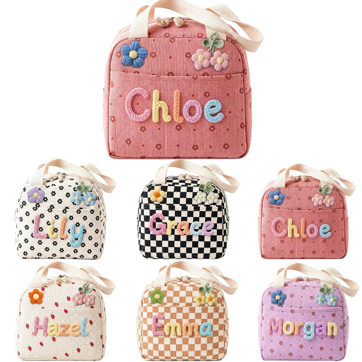 Personalized Corduroy Lunch Bag – Customizable with a name; insulated, leak-proof, & reusable; suitable for work, the office, and picnics; a high-capacity, lightweight, and foldable lunch tote.