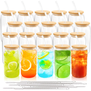 Joyclub 20Pcs Glass Cups with Bamboo Lids and Straws Bulk 16 oz Can Shaped