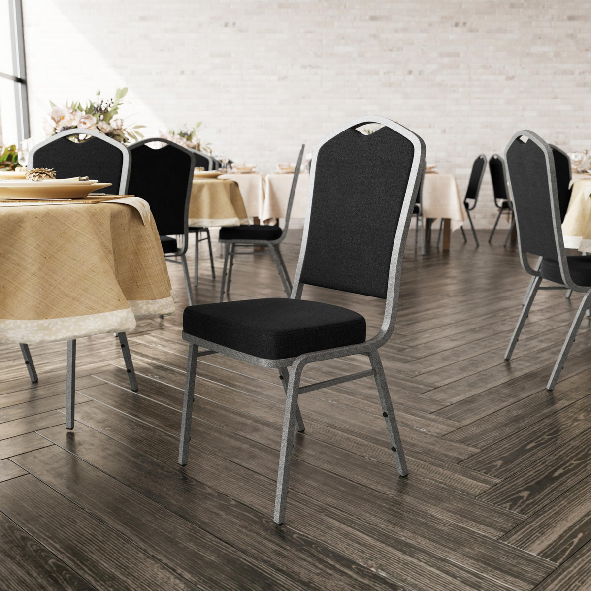 Flash Furniture Hercules Crown Back Stackable Banquet Chair, Silver, 4-pack, Set of 4, Black Fabric/silver Vein Frame