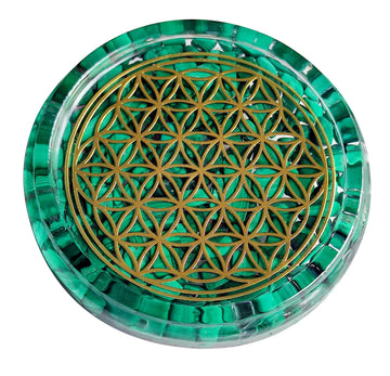 ZZYBIA LARGE 4" Malachite Crystals Flower Of Life Coaster Water Charging Plate Energy Dome