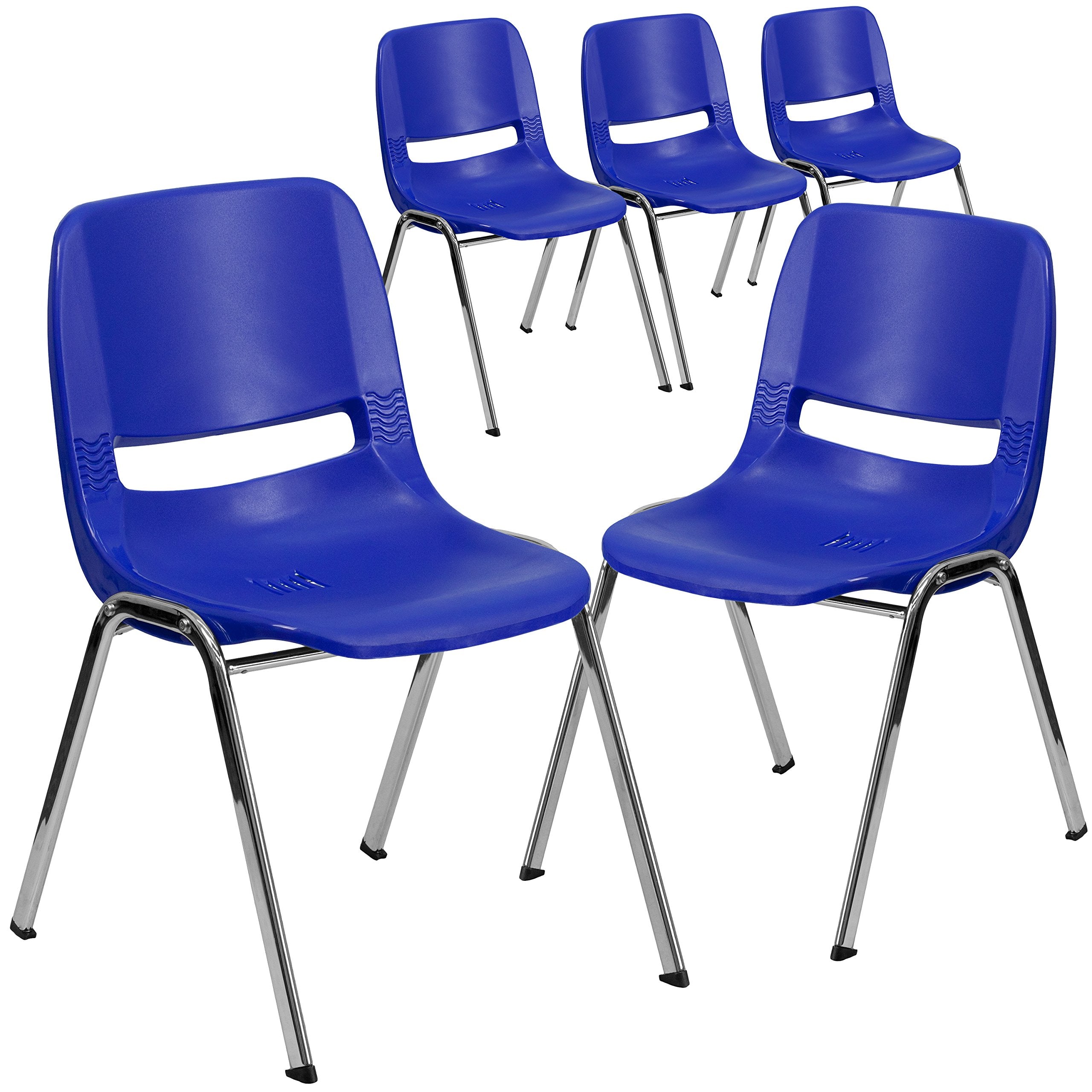 Flash Furniture 5 Pack Hercules Series 661 Lb. Capacity Navy Ergonomic Shell Stack Chair with Chrome Frame and 16'' Seat Height, Navy