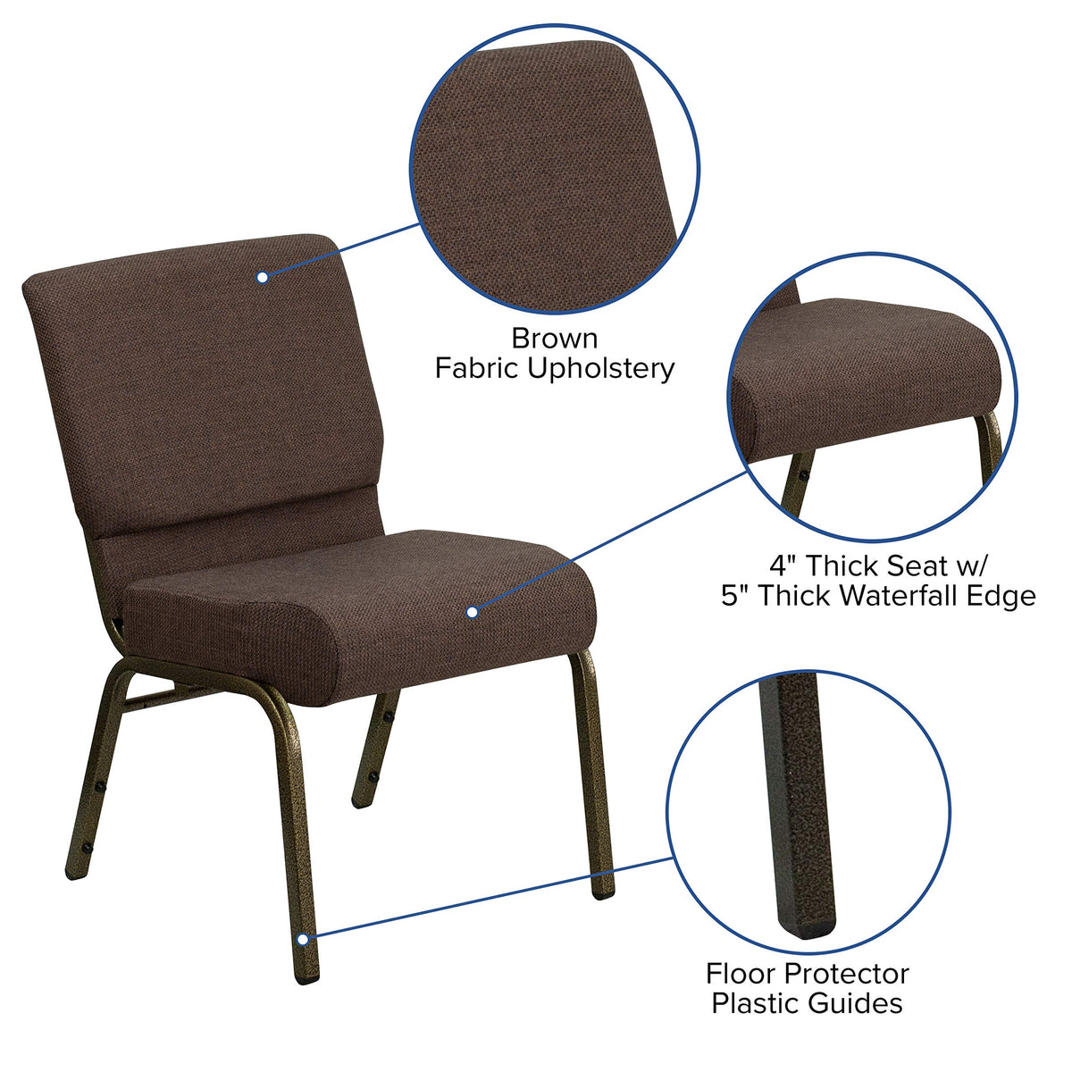 Emma + Oliver Brown 21" W Stacking Church Chair, 4-pack, 21.25"W x 25"D x 33"H, Brown Fabric/gold Vein Frame