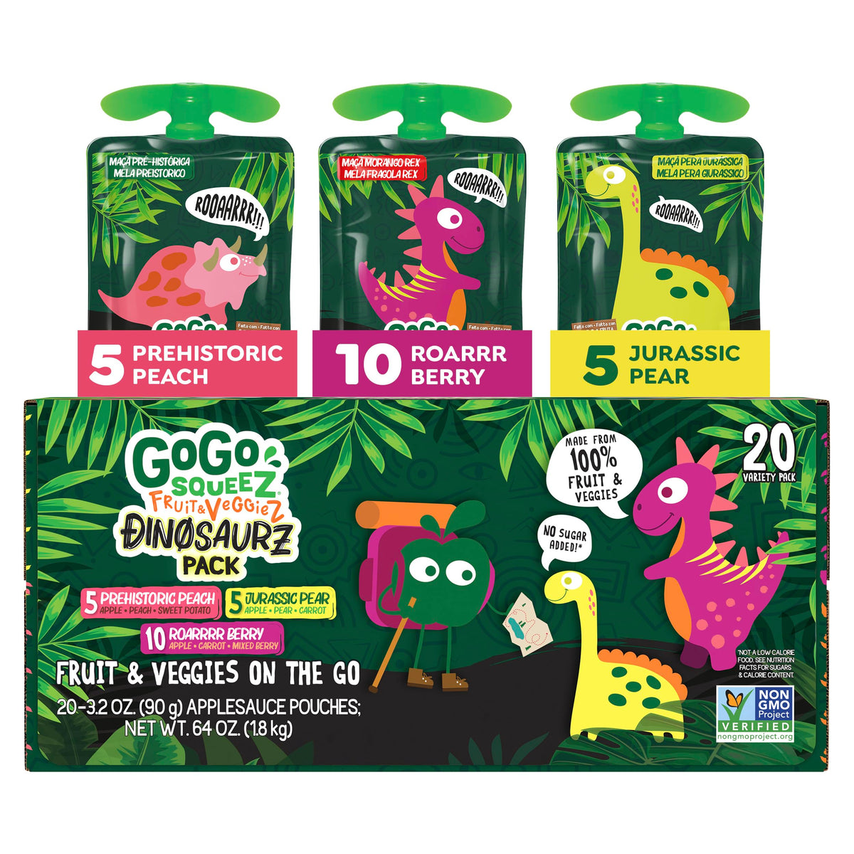 GoGo squeeZ No Sugar Added Fruit & veggieZ Applesauce and Puree Variety Pack, Jurassic Pear, Roarrrr Berry & Prehistoric Peach, 3.2 oz Pouches (Pack of 20), Fruit Snacks for Kids, Gluten Free, Nut Free, Recloseable Cap, BPA Free
