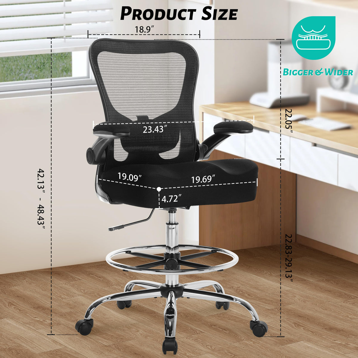 500lbs Ergonomic Drafting Chair Tall Office Chair for Counter Height or Standing Desk, Executive High Office Chairs with W-shaped Thick Seat