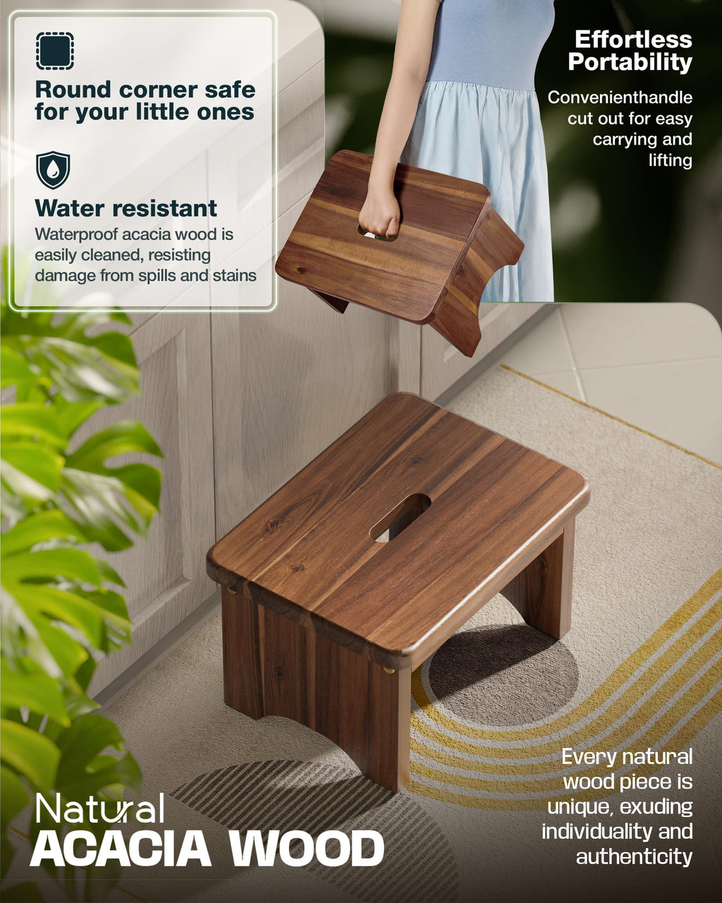 Fanatu Wooden Step Stool, 9in One Step Stool for Adults, Wooden Beside Step Platform with 550 Load Capacity, Heavy