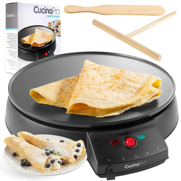 CucinaPro 12" Crepe Maker, Non-Stick Electric Griddle Pan w Batter Spreader