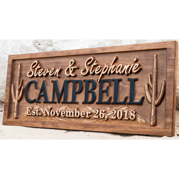 Custom Wood Cactus Last Name Sign | Rustic Western Home Decor