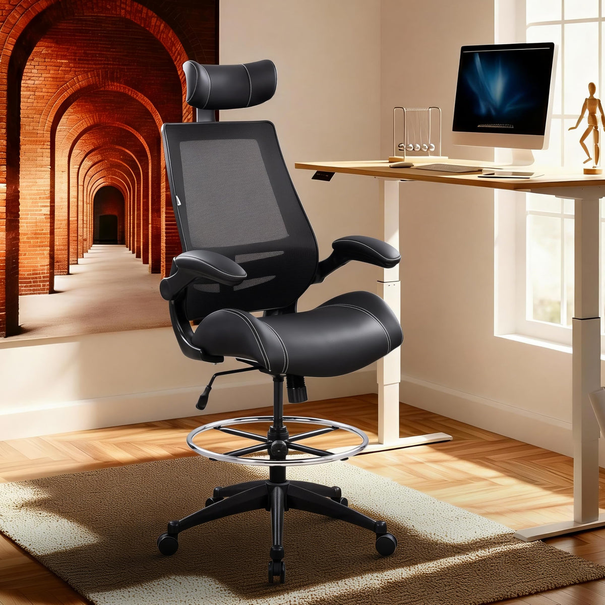 Boliss Leather Drafting Chair Ergonomic Tall Office Chair, BLS-2818HD, Black Leather Mesh Back