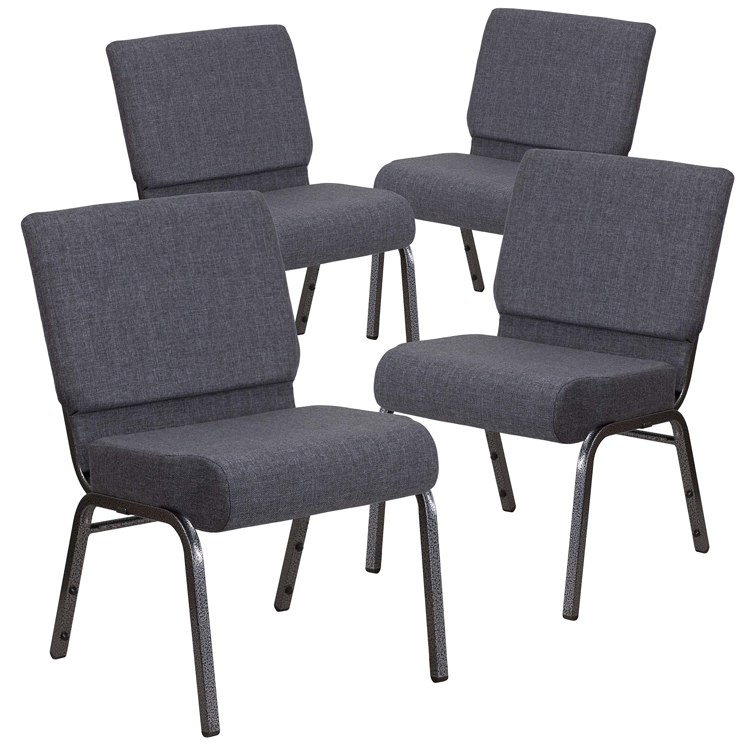 Emma + Oliver Dark Gray 21" W Stacking Church Chair, 4-pack, 21.25"W x 25"D x 33"H, Dark Gray Fabric/silver Vein Frame