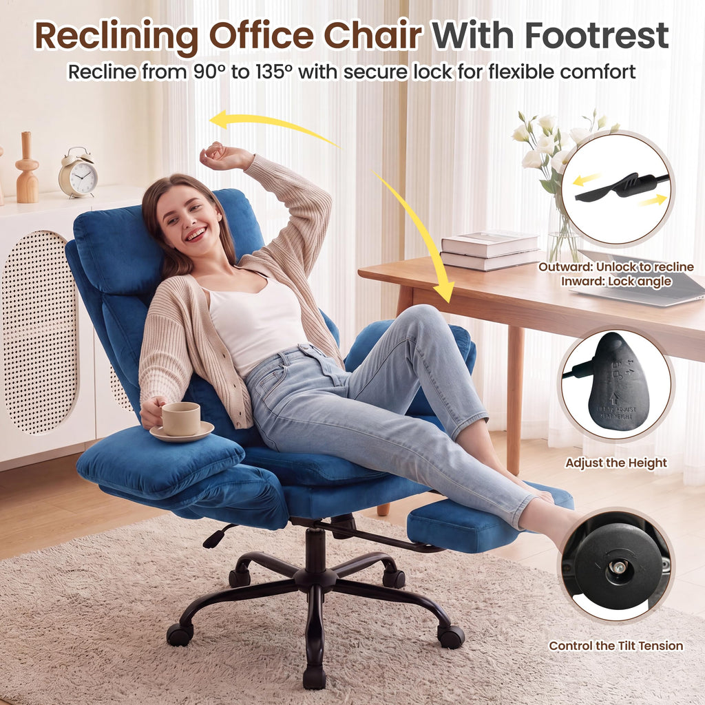 Fivewillowise Big and Tall Executive Office Chair with Foot Rest,reclining, 32"W*28"D*48"H, Velvet Blue
