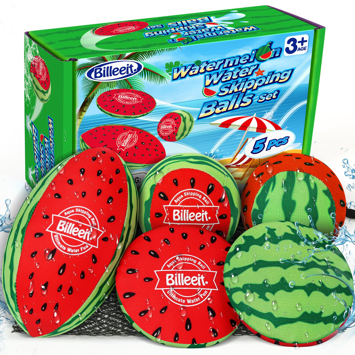 Billeeit 5Pcs Water Skipping Balls for Pool, Beach, Lake, River, Ocean Play, Floating TPR Bouncing Ball for Kids 3+ and Adults with 1 Football, 2 Round Balls, 2 Discs and Mesh Bag (Watermelon Theme)