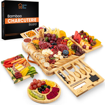 Bamboo Charcuterie Board Gift Set – Housewarming Gift for New Home, Wedding & Bridal Shower Gifts | Large Cheese Board with Hidden Drawers, Knives & Bowls | Perfect for Couples, Hosts & Housewarming