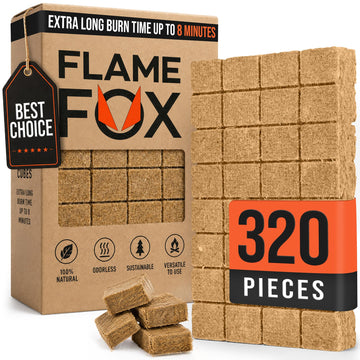 FlameFox Fire Starter Cubes 320 pcs - Quick Natural Fire Starters for Campfires, BBQ Grill, Fireplace, Fire Pit, Wood Stove, Charcoal & Kindling - Odorless, Waterproof, Long Burning Squares