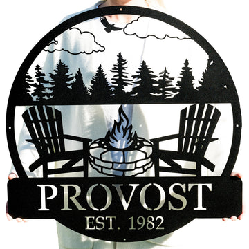 Custom Metal Campfire Outdoor Last Name Established Sign | Cabin Decor