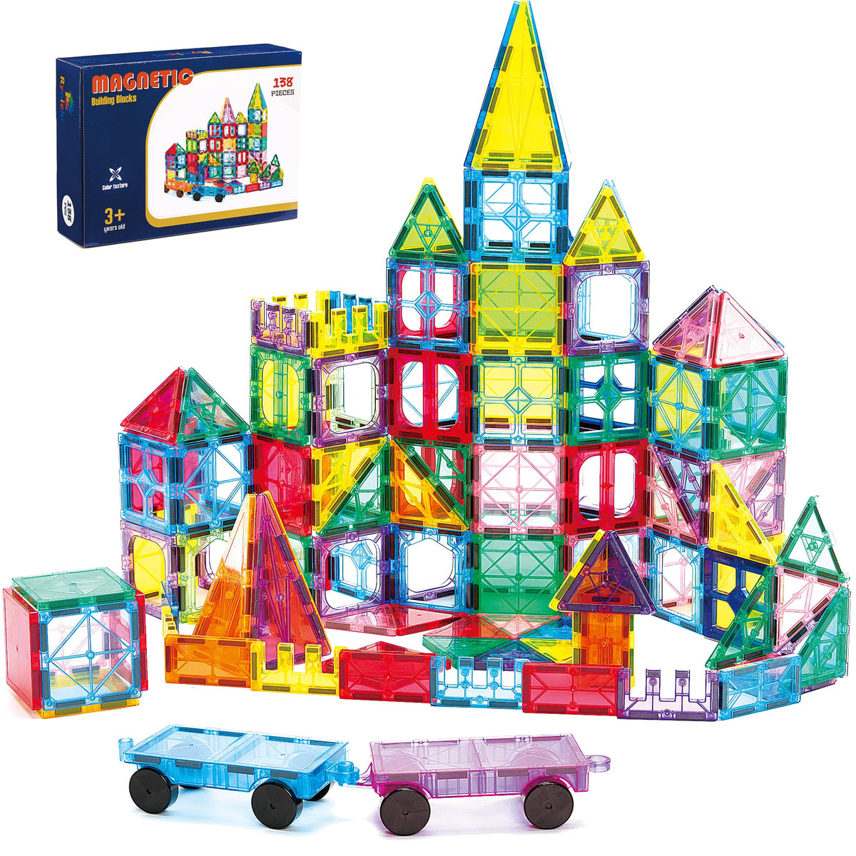 Ryoichi 138PCS Magnetic Tiles Set with 2 Cars, STEM Educational Construction Building Blocks & Montessori Learning Toys for Kids Ages 3-9+ Years
