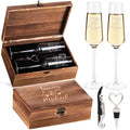 Set of 2 Personalized Couples Wedding Champagne Flute Glasses 8 oz – Custom Engraved Names & Date with Hearts, Bride & Groom Toasting Flutes with Wooden Keepsake Box, Bottle Stopper & Corkscrew Opener