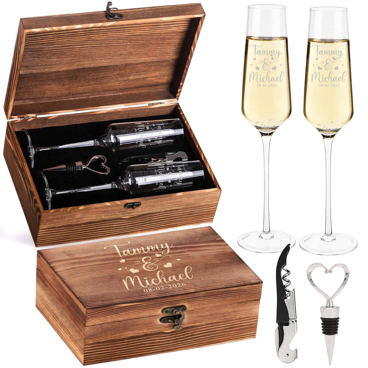 Set of 2 Personalized Couples Wedding Champagne Flute Glasses 8 oz – Custom Engraved Names & Date with Hearts, Bride & Groom Toasting Flutes with Wooden Keepsake Box, Bottle Stopper & Corkscrew Opener